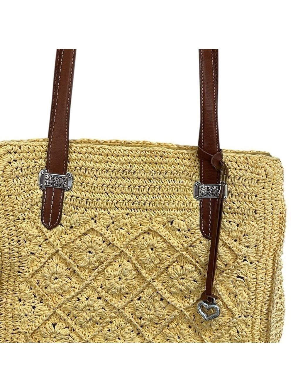 Brighton Crochet Straw Rafia Tote Bag Daisy Print Lining Yellow - Picture 2 of 7